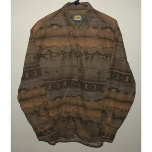 Cabela’s Women’s Large LS Button Flannel Shirt Brown Southwestern Aztec Horses